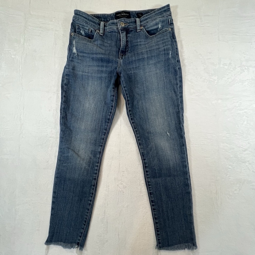 Lucky Brand Jeans Ava Skinny Womens 6 28 Ankle Blue Distressed Mid Rise Raw Hem